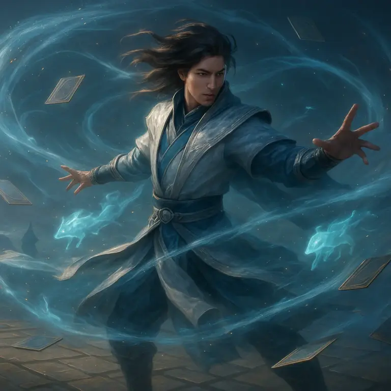 Fantasy air mage bending wind to exile creatures while white-blue draft cards swirl, illustrating Airbending tempo strategy in Avatar draft format