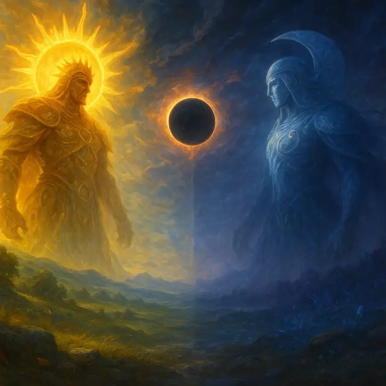 Eirdu and Isilu transforming god card concept with sunlit Lorwyn fading into twilight Shadowmoor, dramatic eclipse sky, fantasy atmosphere